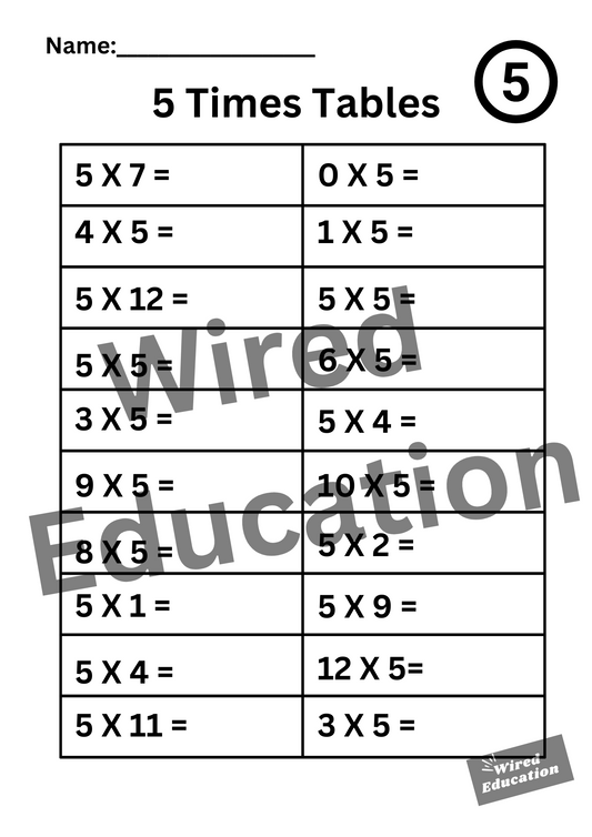 Large 5 Times Tables