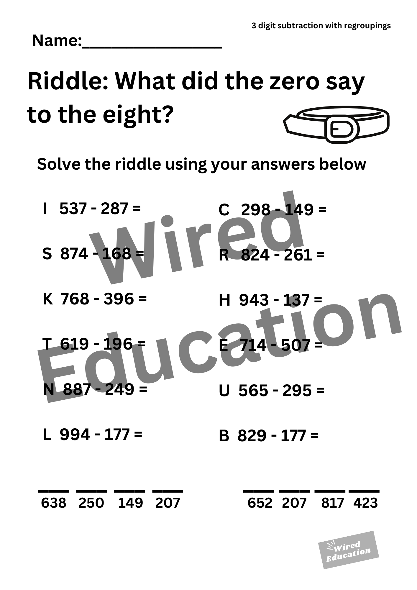 Riddle (3 digit subtraction with regroupings)