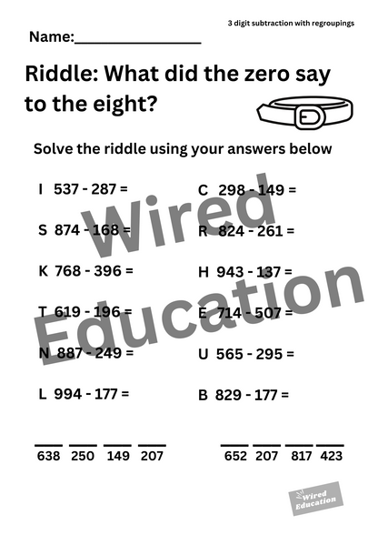 Riddle (3 digit subtraction with regroupings)