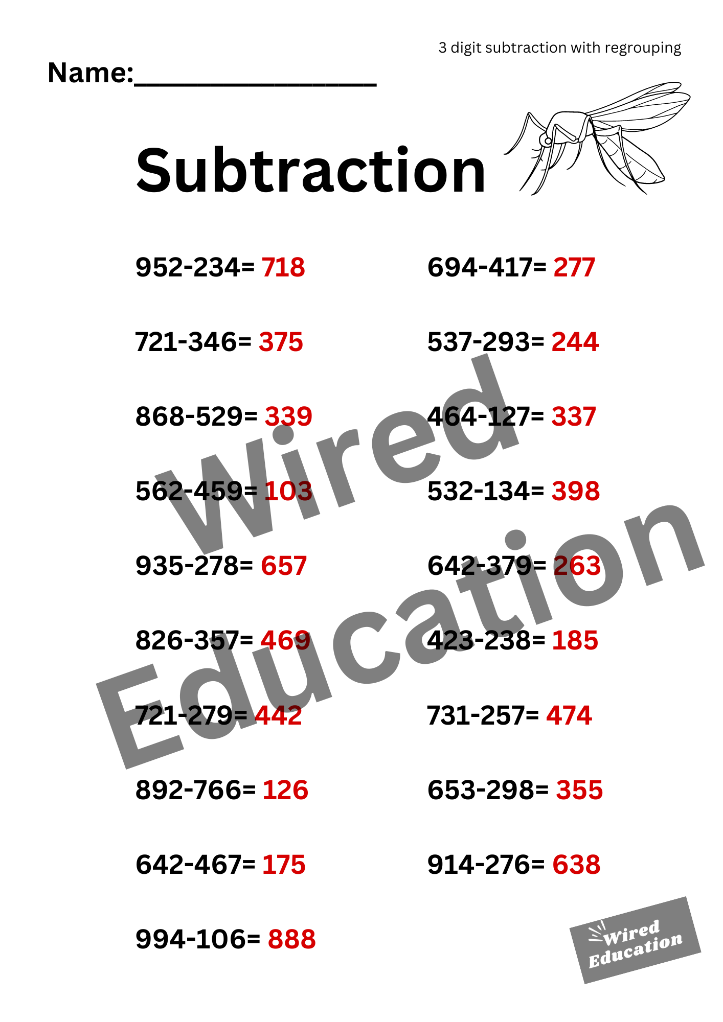 Subtraction (3 digit with regrouping)