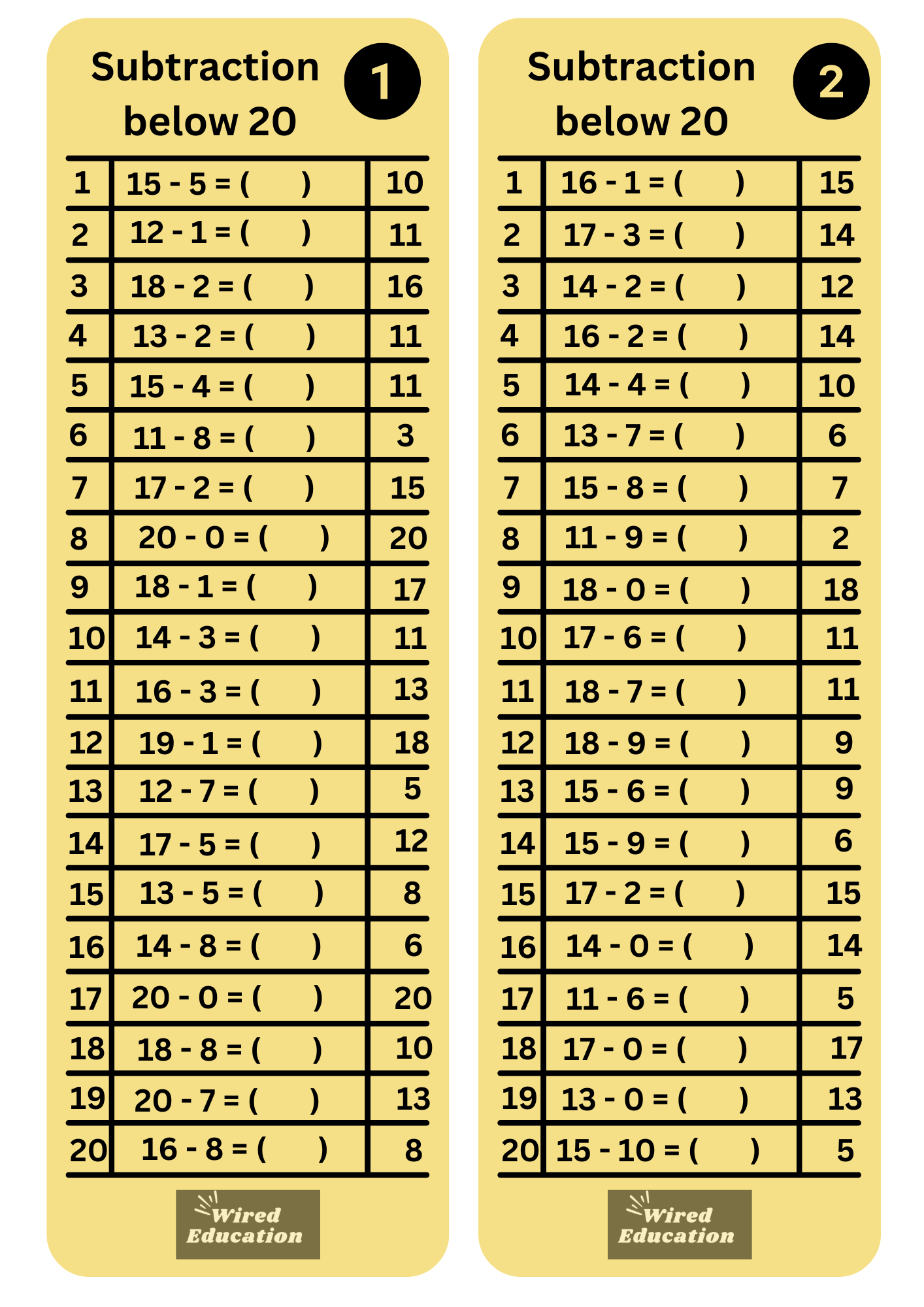 Subtraction flash cards