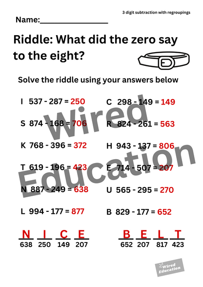 Riddle (3 digit subtraction with regroupings)
