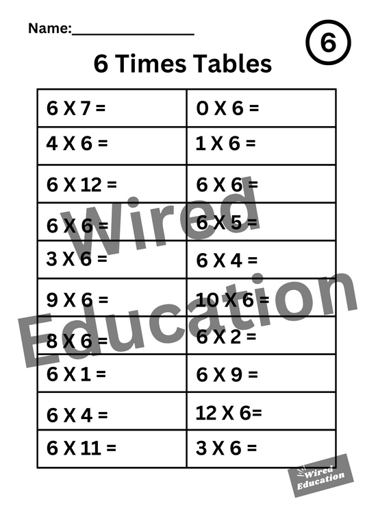 Large 6 Times Tables