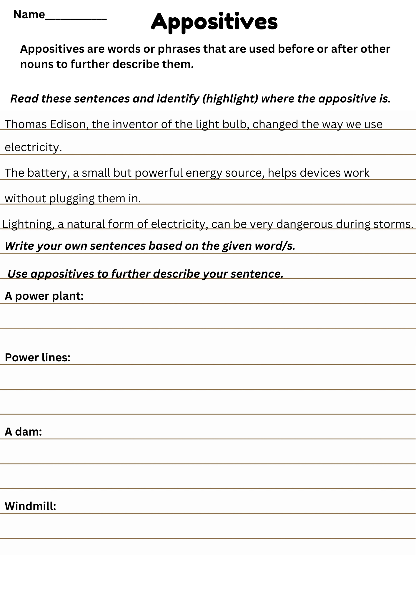 Appositives based on electricity