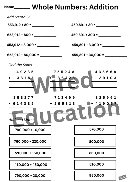 Whole Numbers Addition