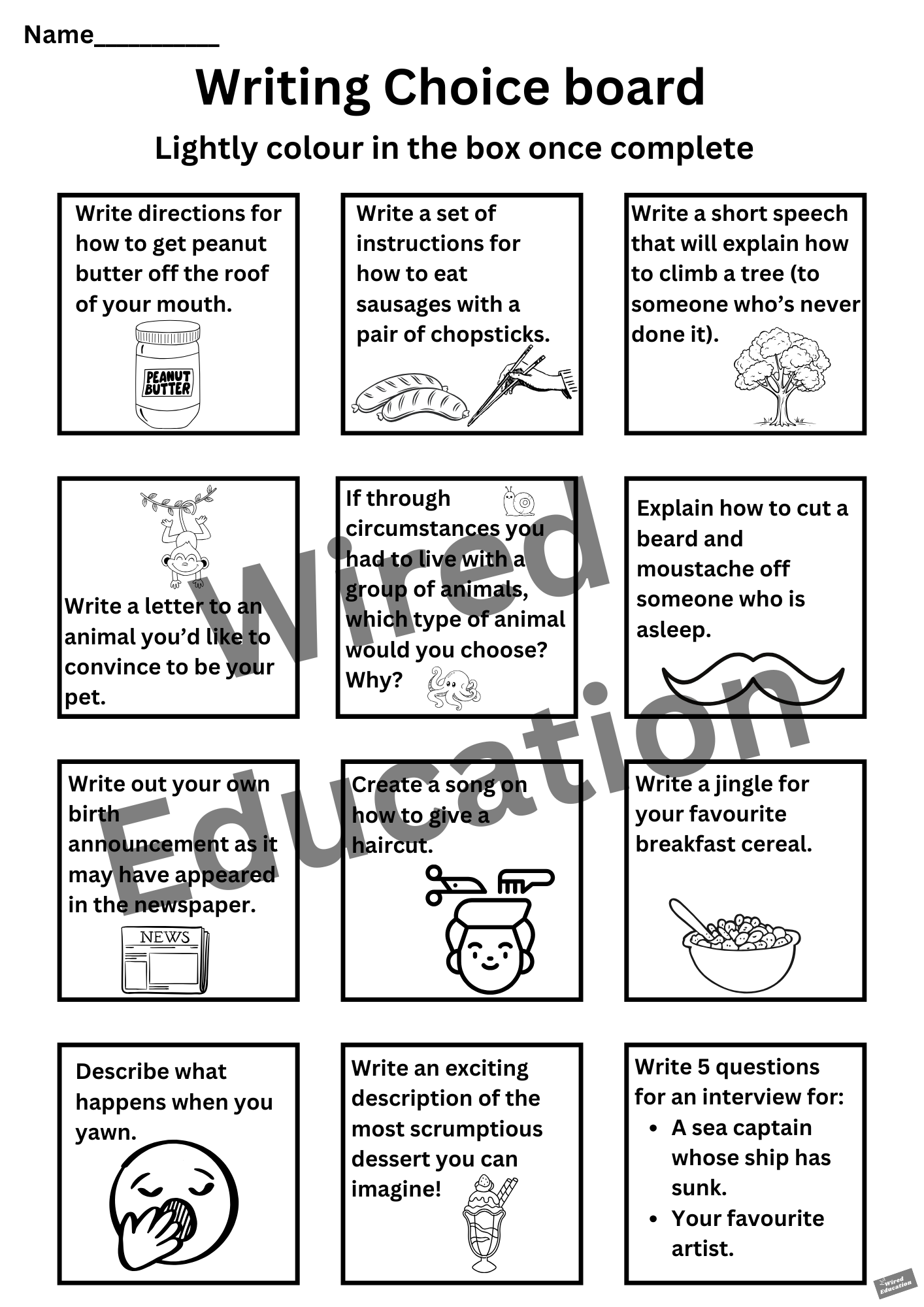 Writing choice board