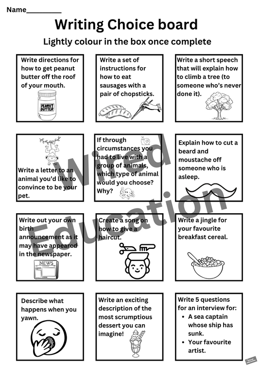 Writing choice board